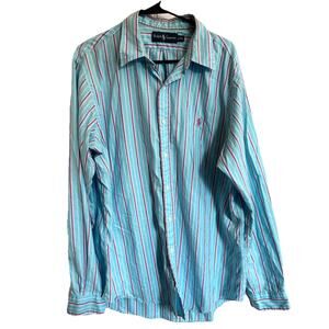 Ralph Lauren Men’s Button Down Shirt Sz XL Blue Pink Stripe Pink Pony Preppy